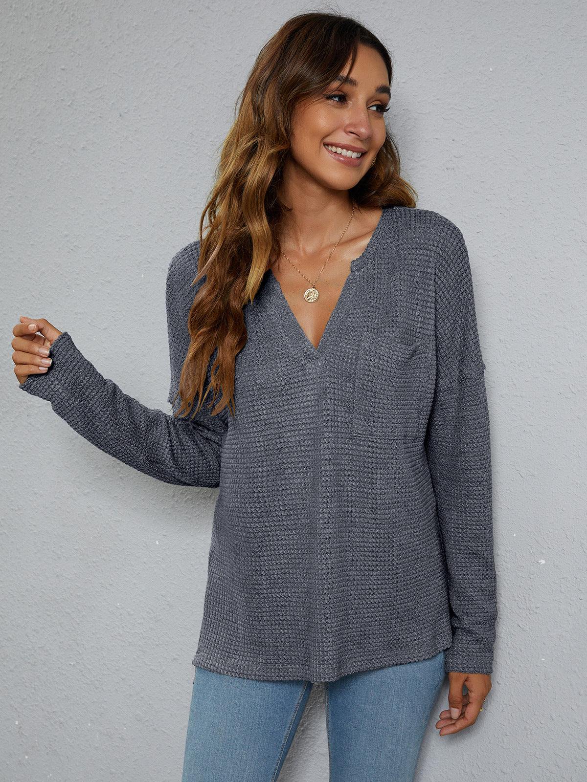 Dropped Shoulder High-Low Waffle-Knit Top - Trendsi