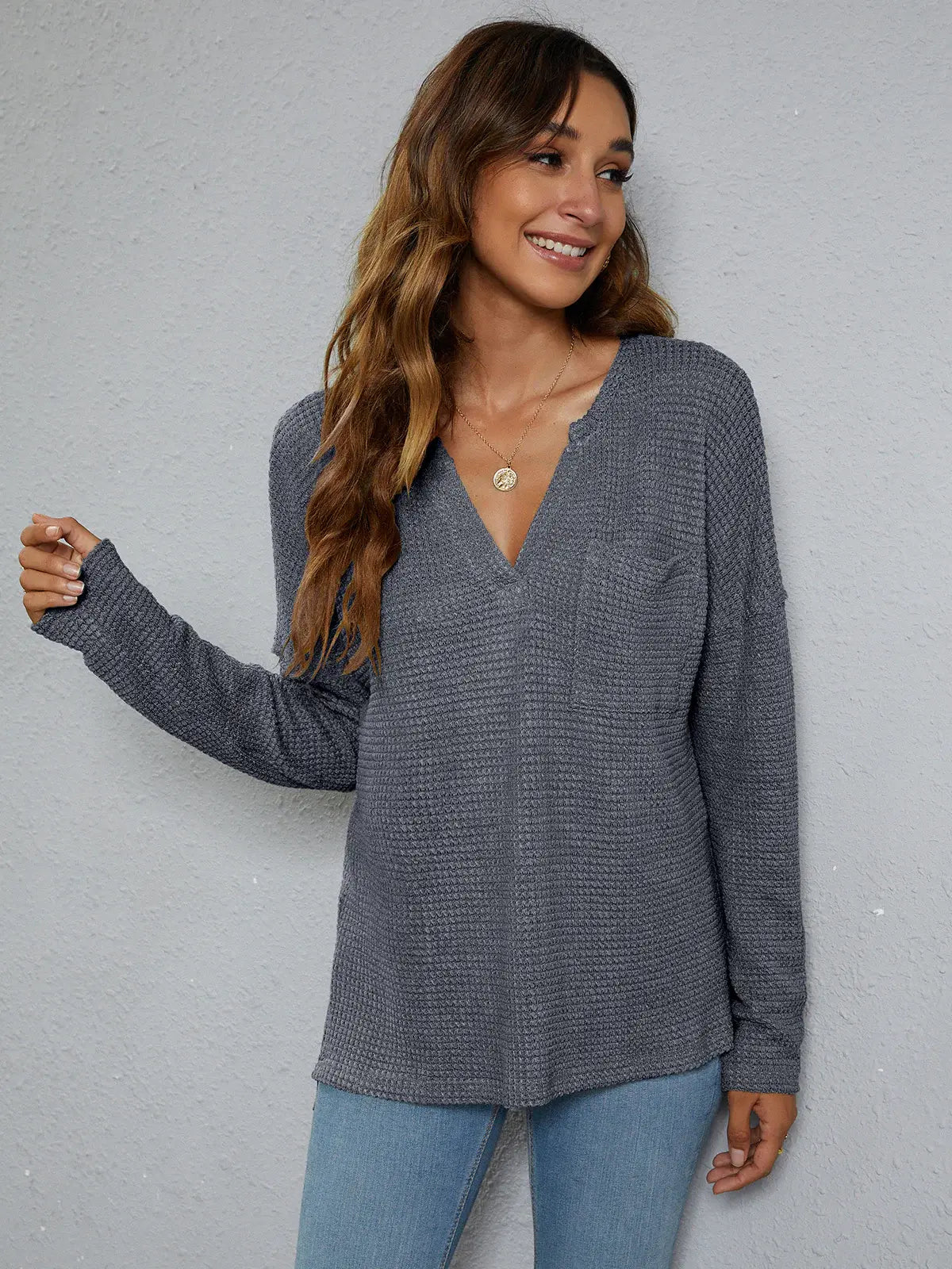 Dropped Shoulder High-Low Waffle-Knit Top - Trendsi - Flyclothing LLC