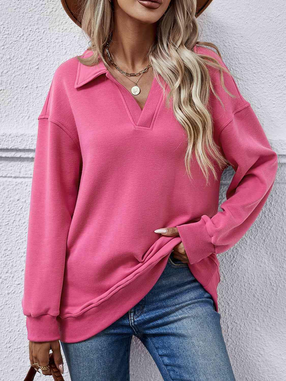 Collared Neck Dropped Shoulder Sweatshirt - Trendsi