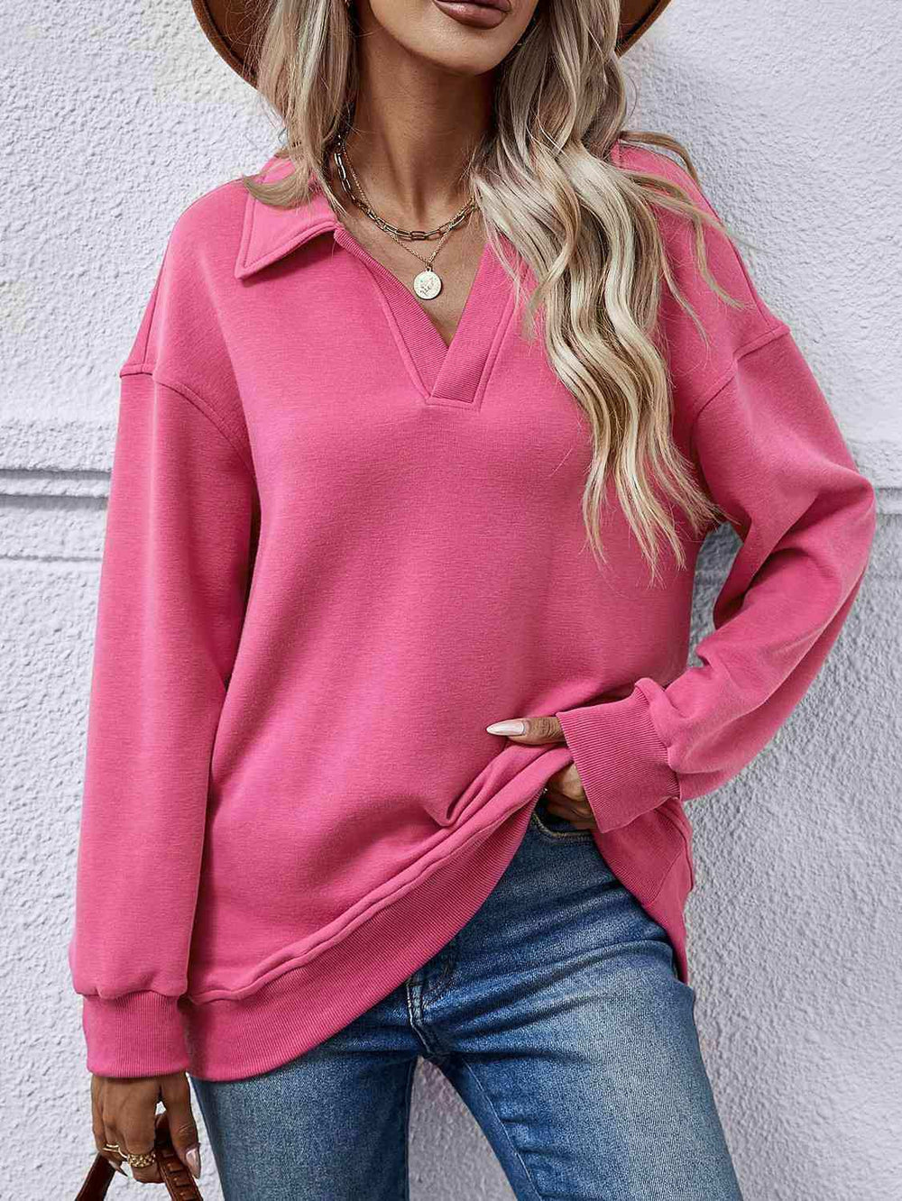 Collared Neck Dropped Shoulder Sweatshirt - Trendsi - Flyclothing LLC