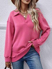 Collared Neck Dropped Shoulder Sweatshirt - Trendsi