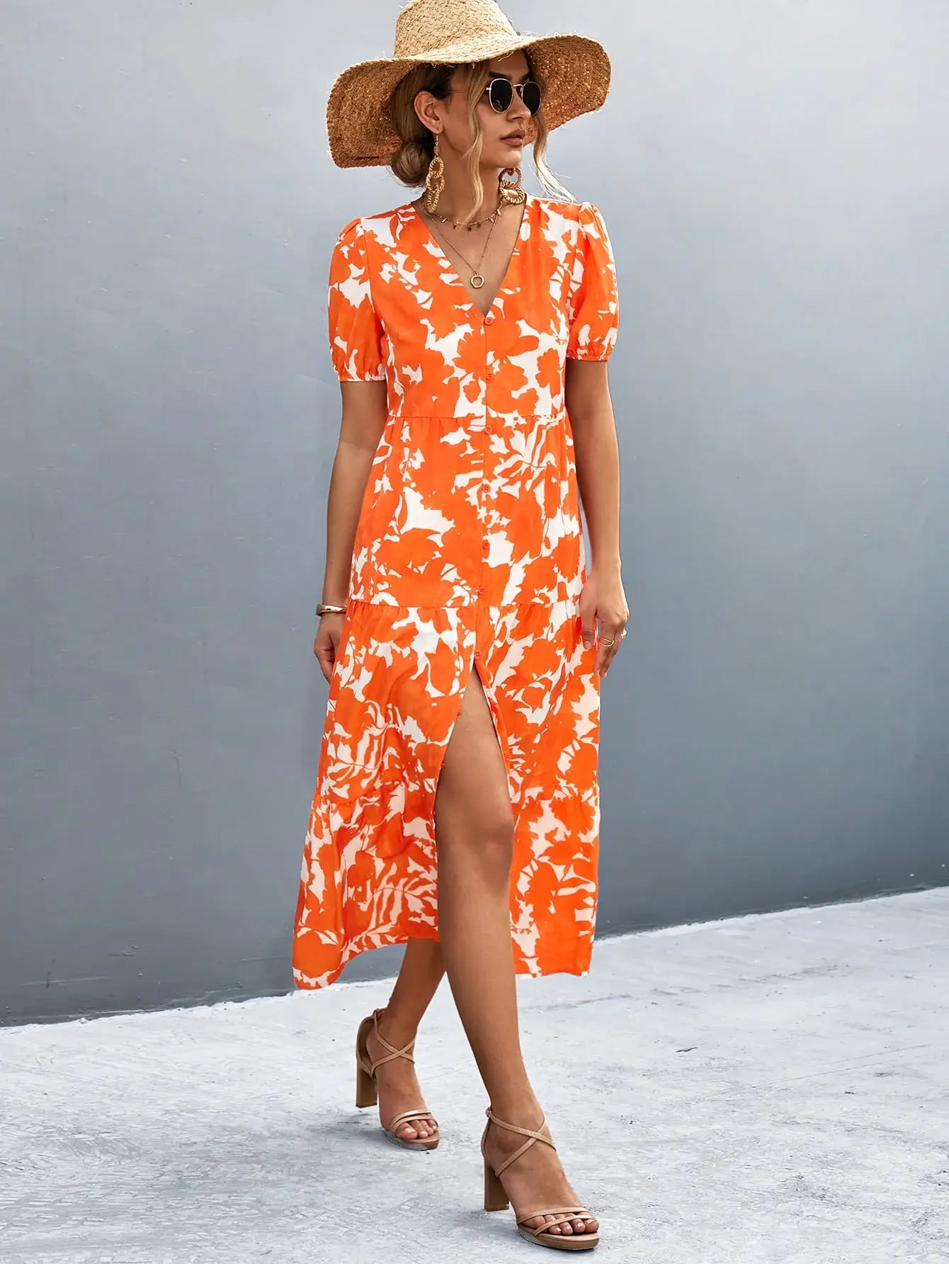 V-Neck Short Sleeve High Slit Midi Dress - Trendsi - Flyclothing LLC