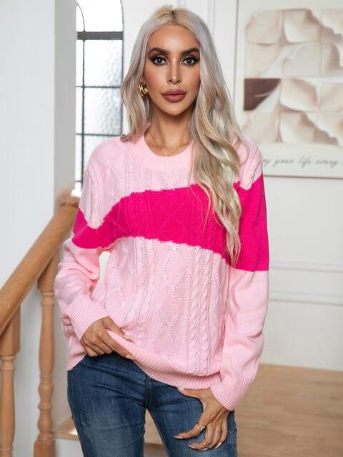 Color Block Cable-Knit Round Neck Sweater - Trendsi