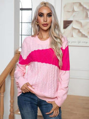 Color Block Cable-Knit Round Neck Sweater - Trendsi