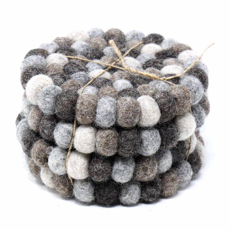 Hand Crafted Felt Ball Coasters from Nepal: 4-pack, Multicolor Greys - Global Groove (T) - Flyclothing LLC