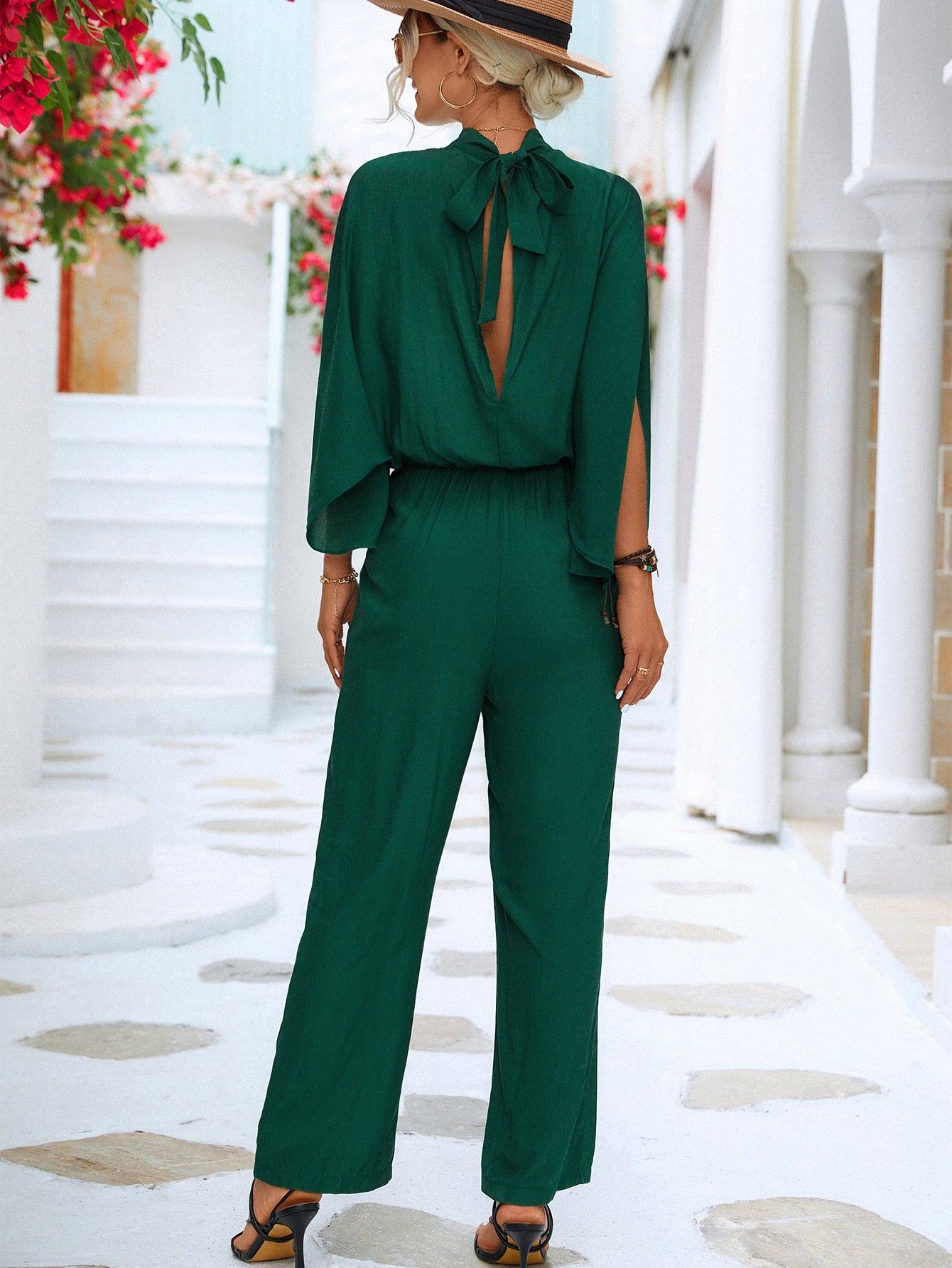 Tie Back Mock Neck Split Sleeve Jumpsuit - Trendsi