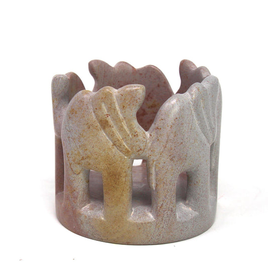 Circle of Elephants Soapstone Sculpture, 3 to 3.5-inch - Light Natural Stone - SMOLArt