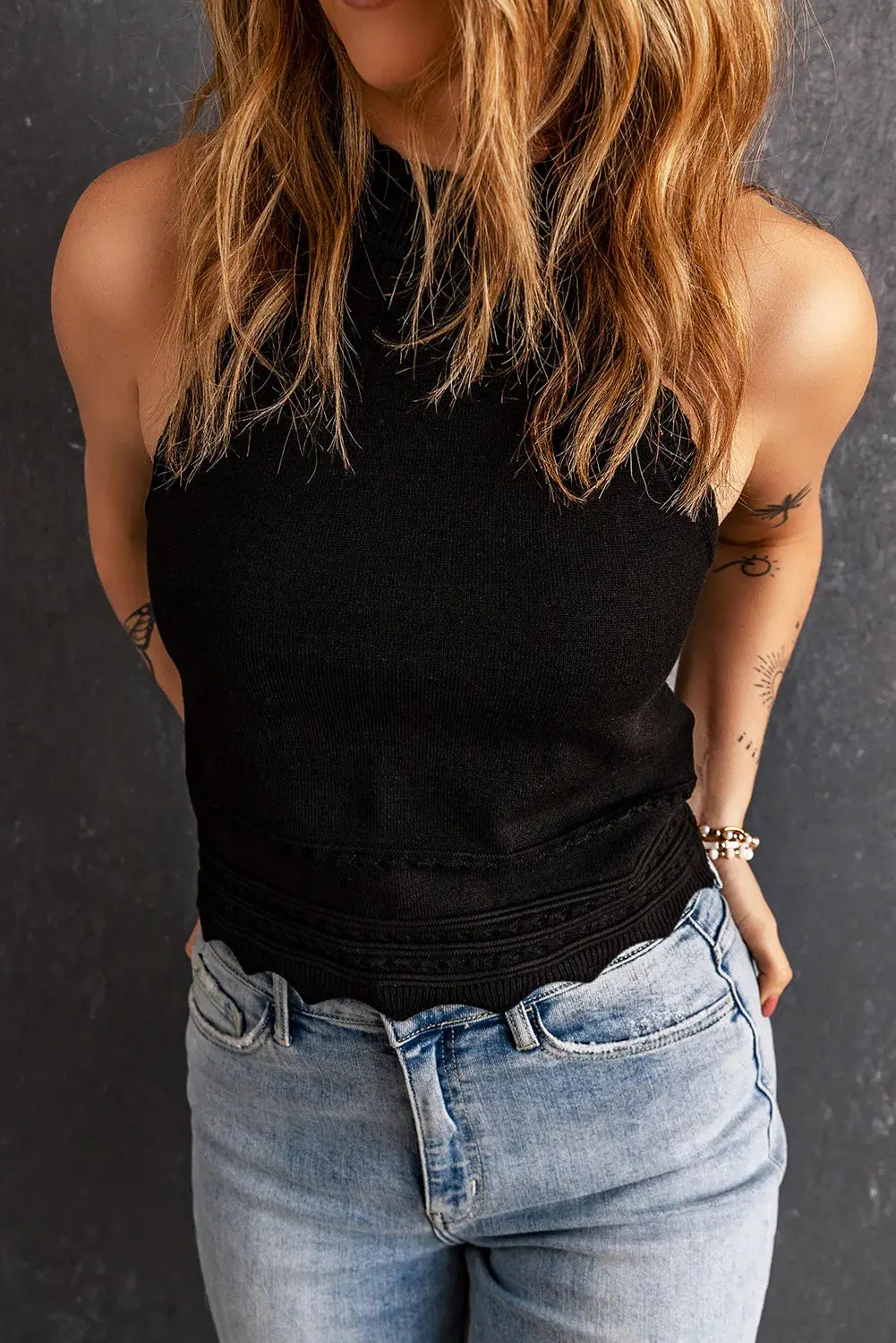Scalloped Openwork Grecian Neck Tank - Trendsi - Flyclothing LLC