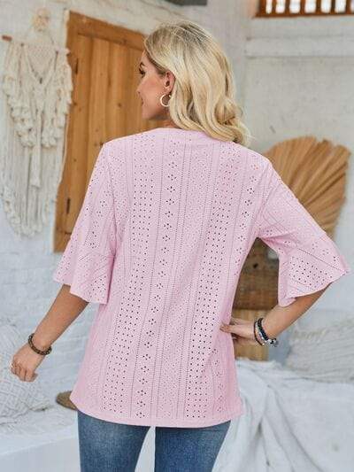 Eyelet Notched Half Sleeve T-Shirt - Trendsi - Flyclothing LLC