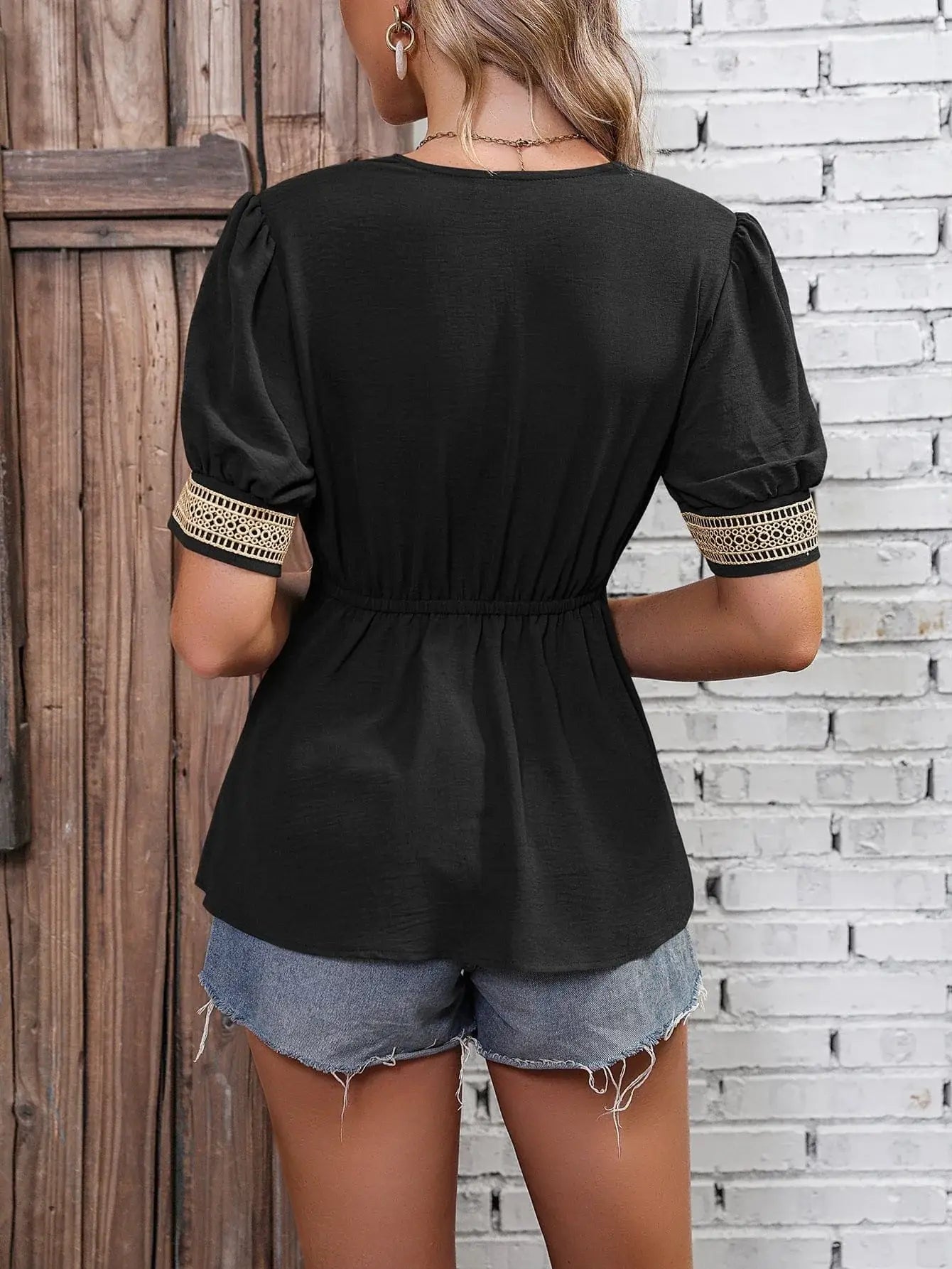 Contrast V-Neck Babydoll Top - Trendsi - Flyclothing LLC