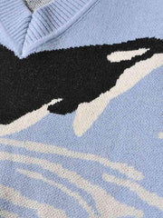 Printed V-Neck Long Sleeve Sweater - Trendsi