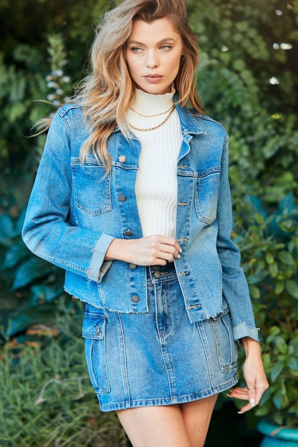 Veveret Button Up Raw Hem Denim Jacket - Flyclothing LLC