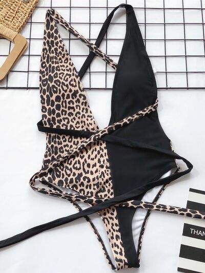 Tied Leopard Plunge One-Piece Swimwear - Trendsi - Flyclothing LLC