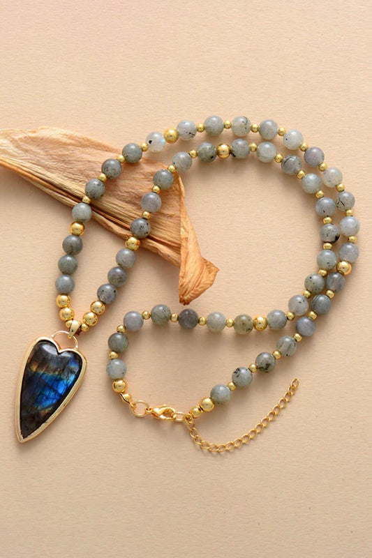 Natural Stone Pendant Beaded Necklace - Trendsi