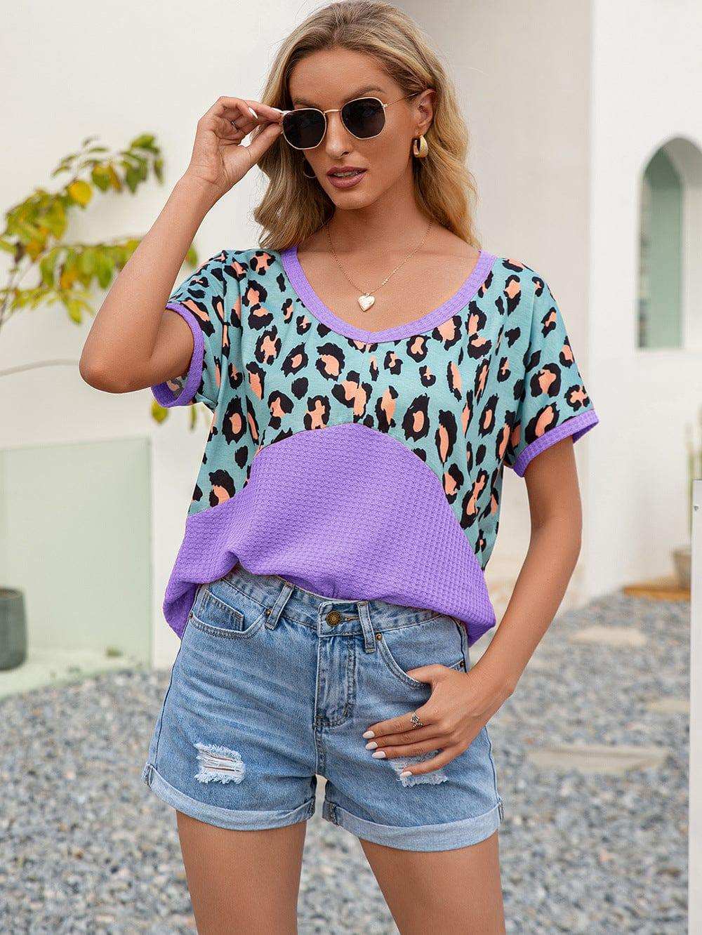 Leopard Waffle-Knit Short Sleeve Top - Trendsi - Flyclothing LLC