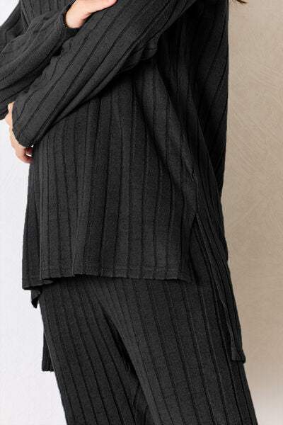 Basic Bae Full Size Ribbed Round Neck High-Low Slit Top and Pants Set - Trendsi - Flyclothing LLC
