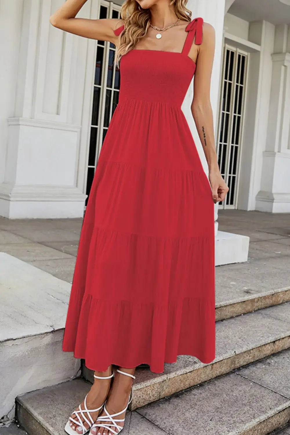 Tie-Shoulder Smocked Tiered Dress - Trendsi - Flyclothing LLC