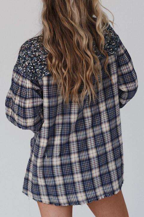 Plaid Notched Neck Slit Blouse - Trendsi - Flyclothing LLC