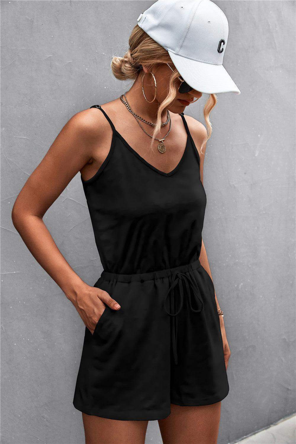 Spaghetti Strap V-Neck Pocket Romper - Trendsi - Flyclothing LLC
