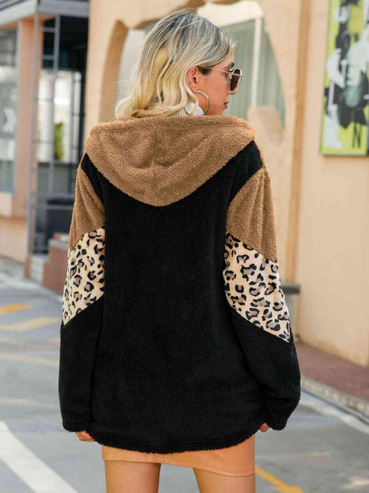 Leopard Color Block Hooded Teddy Jacket - Trendsi