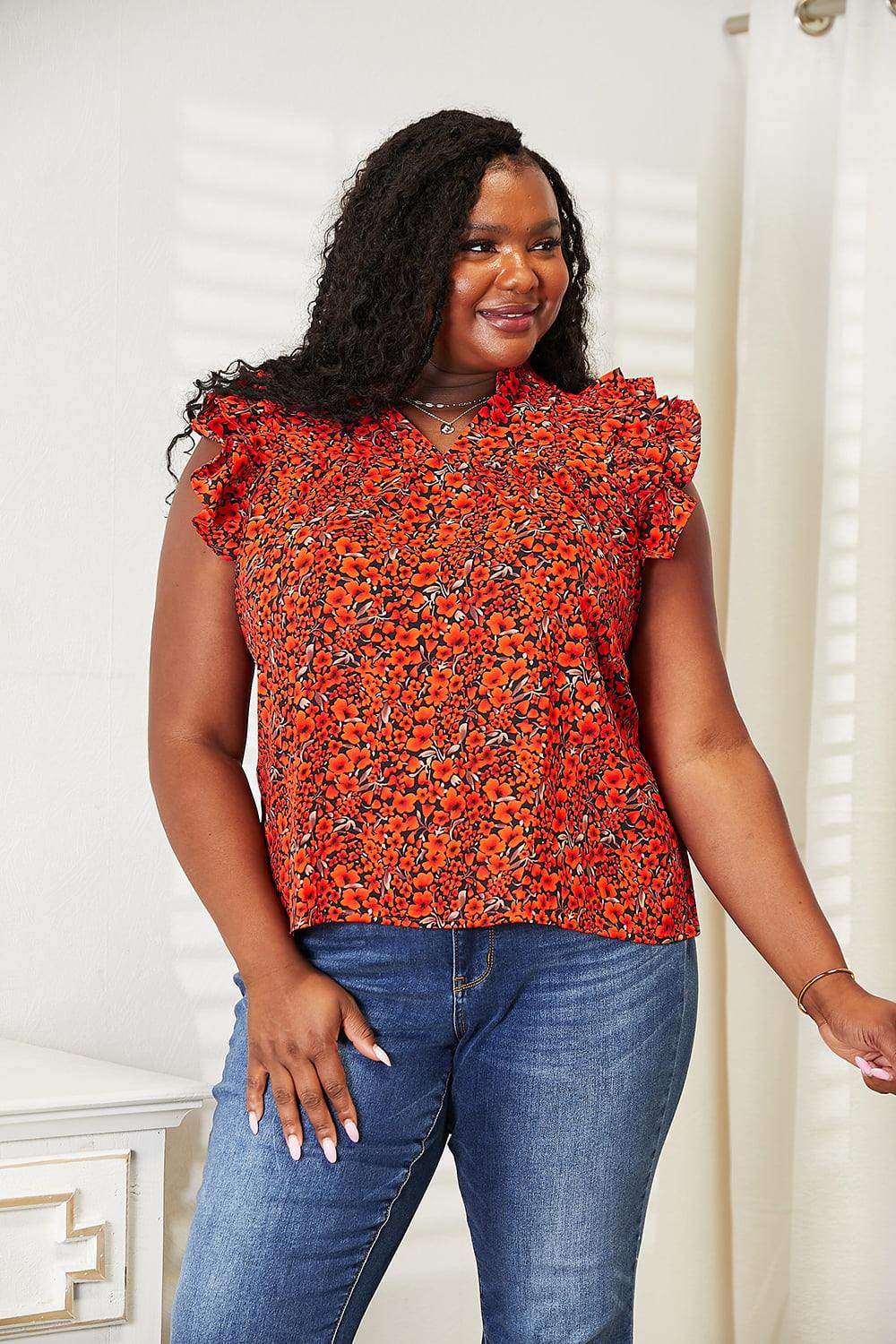 Double Take Floral Flutter Sleeve Notched Neck Blouse - Trendsi