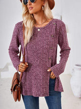 Ribbed Buttoned Round Neck Slit T-Shirt - Trendsi - Flyclothing LLC