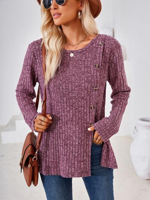 Ribbed Buttoned Round Neck Slit T-Shirt - Trendsi