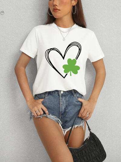 Heart Lucky Clover Short Sleeve T-Shirt - Trendsi - Flyclothing LLC