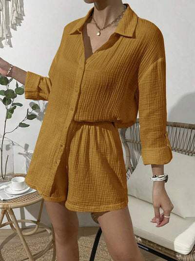 Dropped Shoulder Button Up Top and Elastic Waist Shorts Set - Trendsi - Flyclothing LLC