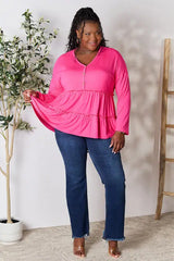 Double Take Half Button Long Sleeve Ruffle Hem Blouse - Trendsi - Flyclothing LLC