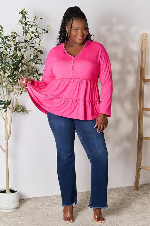 Double Take Half Button Long Sleeve Ruffle Hem Blouse - Trendsi - Flyclothing LLC