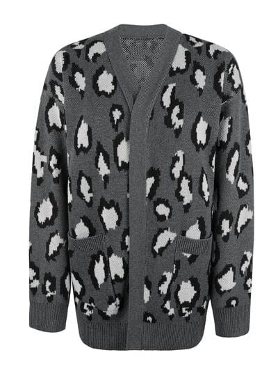 Leopard Open Front Dropped Shoulder Cardigan - Trendsi