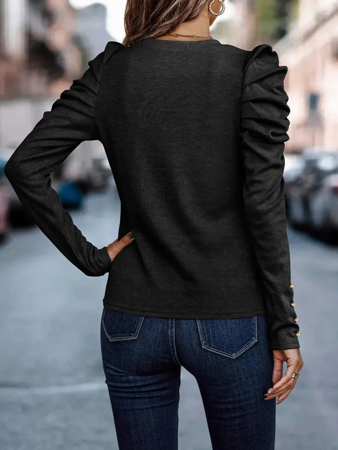 Decorative Button Puff Sleeve T-Shirt - Trendsi - Flyclothing LLC
