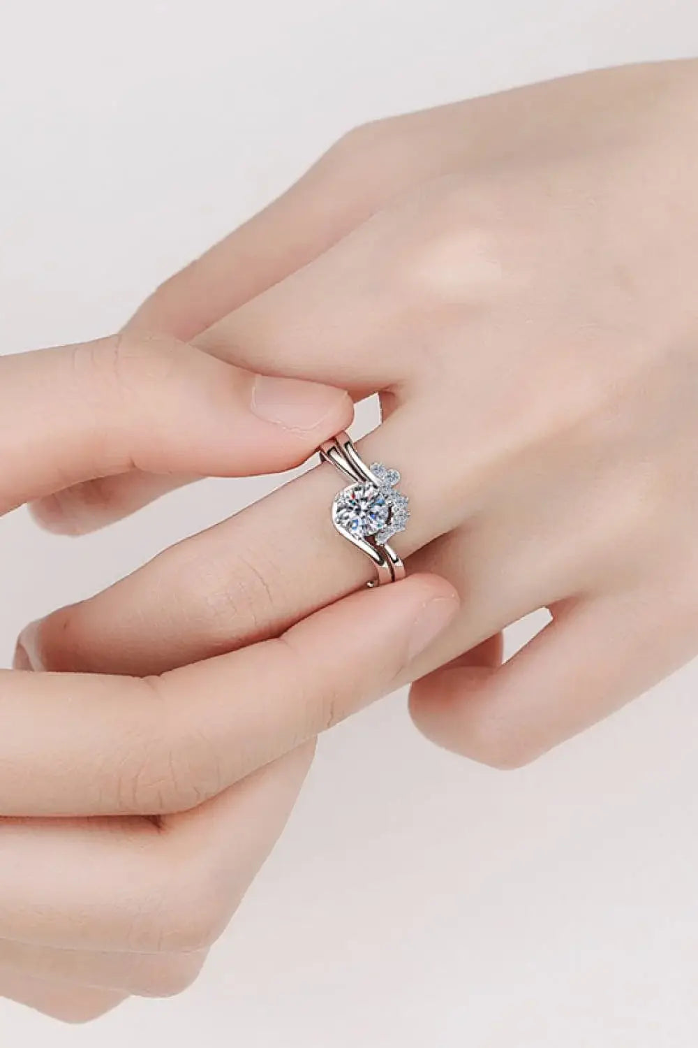 Moissanite Rhodium-Plated Two-Piece Ring Set - Trendsi - Flyclothing LLC