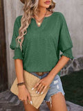 Heathered Notched Lantern Sleeve Blouse - Trendsi - Flyclothing LLC