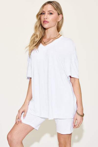 Basic Bae Full Size V-Neck Drop Shoulder Short Sleeve T-Shirt and Shorts Set - Trendsi - Flyclothing LLC