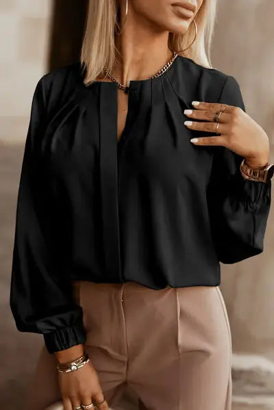 Button Up Round Neck Long Sleeve Shirt - Trendsi - Flyclothing LLC