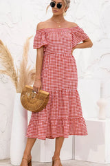 Plaid Off-Shoulder Tiered Midi Dress - Trendsi - Flyclothing LLC