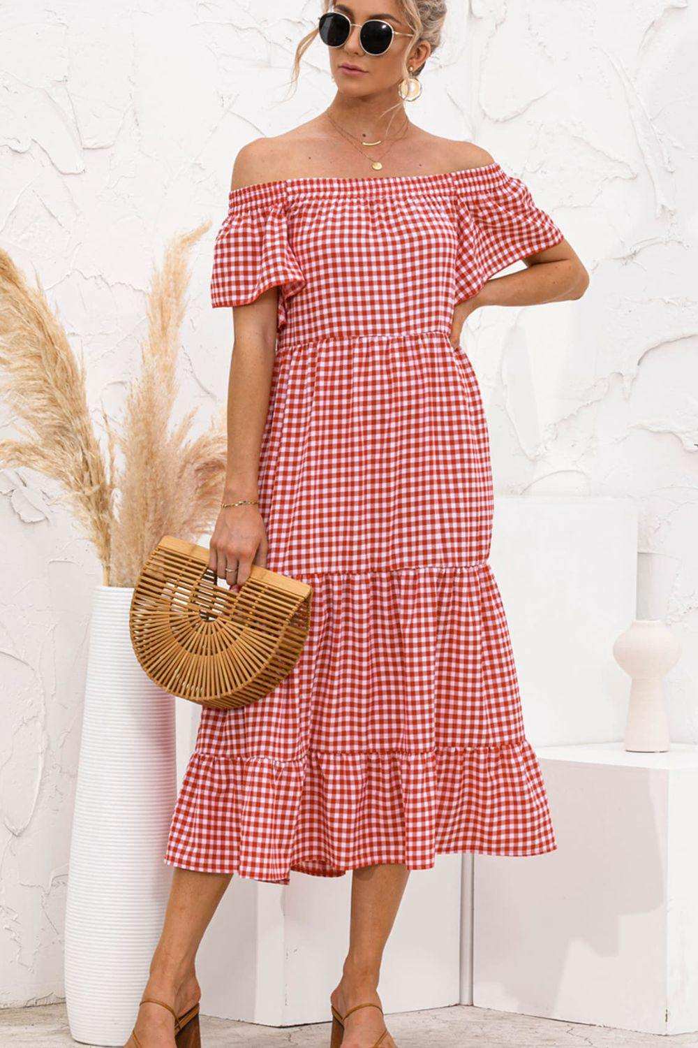 Plaid Off-Shoulder Tiered Midi Dress - Trendsi - Flyclothing LLC