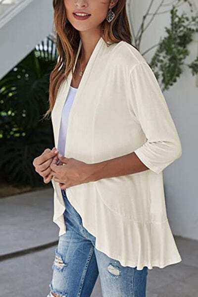 Open Front Three-Quarter Sleeve Cardigan - Trendsi - Flyclothing LLC