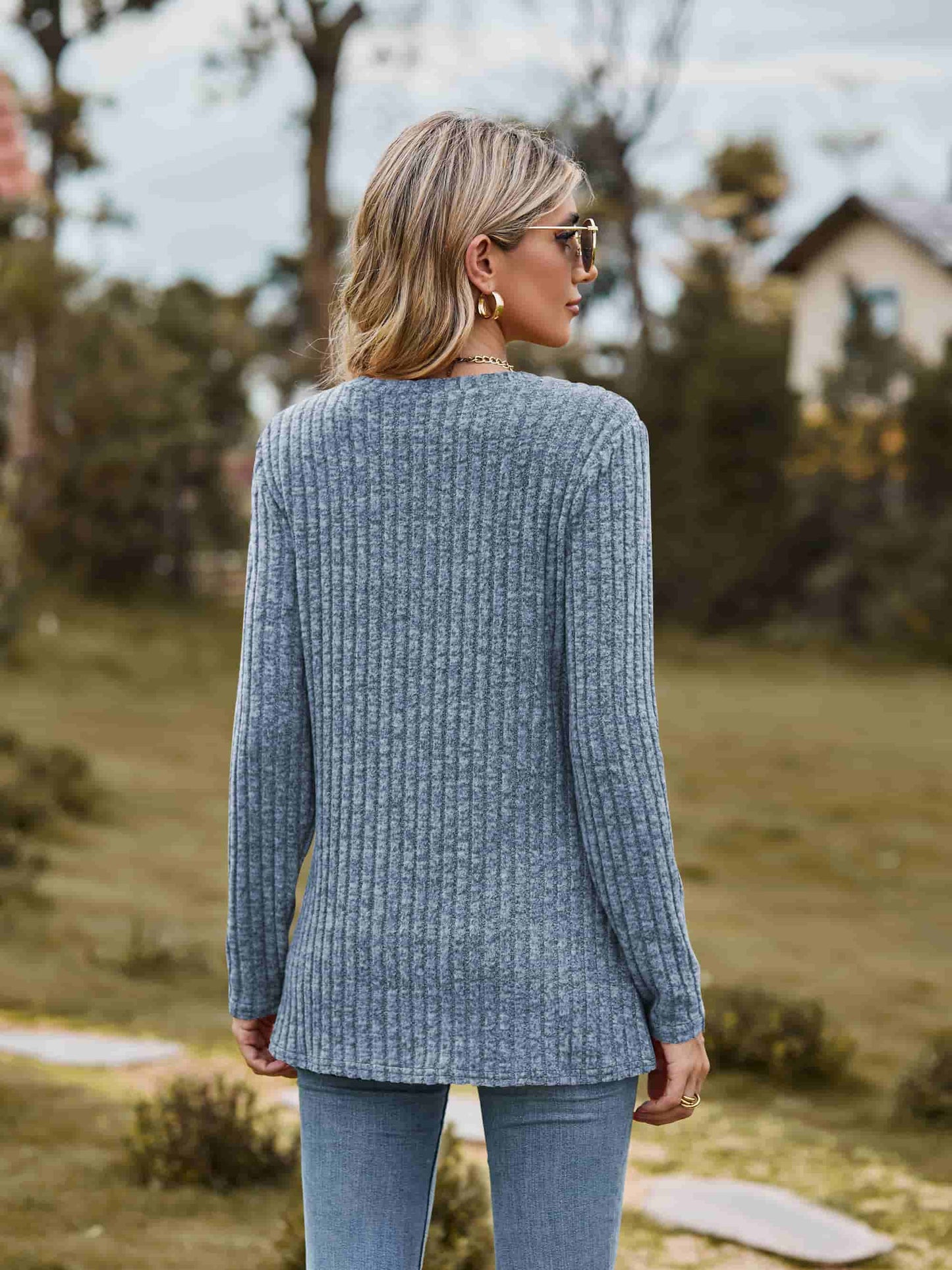 Ribbed Round Neck Long Sleeve Tee - Trendsi - Flyclothing LLC