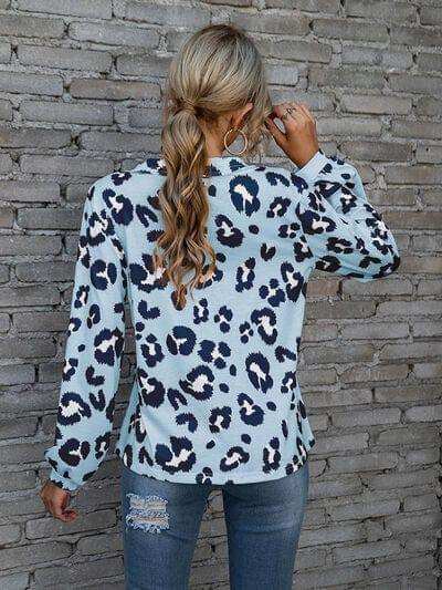Leopard V-Neck Decorative Button Long Sleeve Blouse - Trendsi - Flyclothing LLC