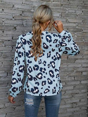 Leopard V-Neck Decorative Button Long Sleeve Blouse - Trendsi