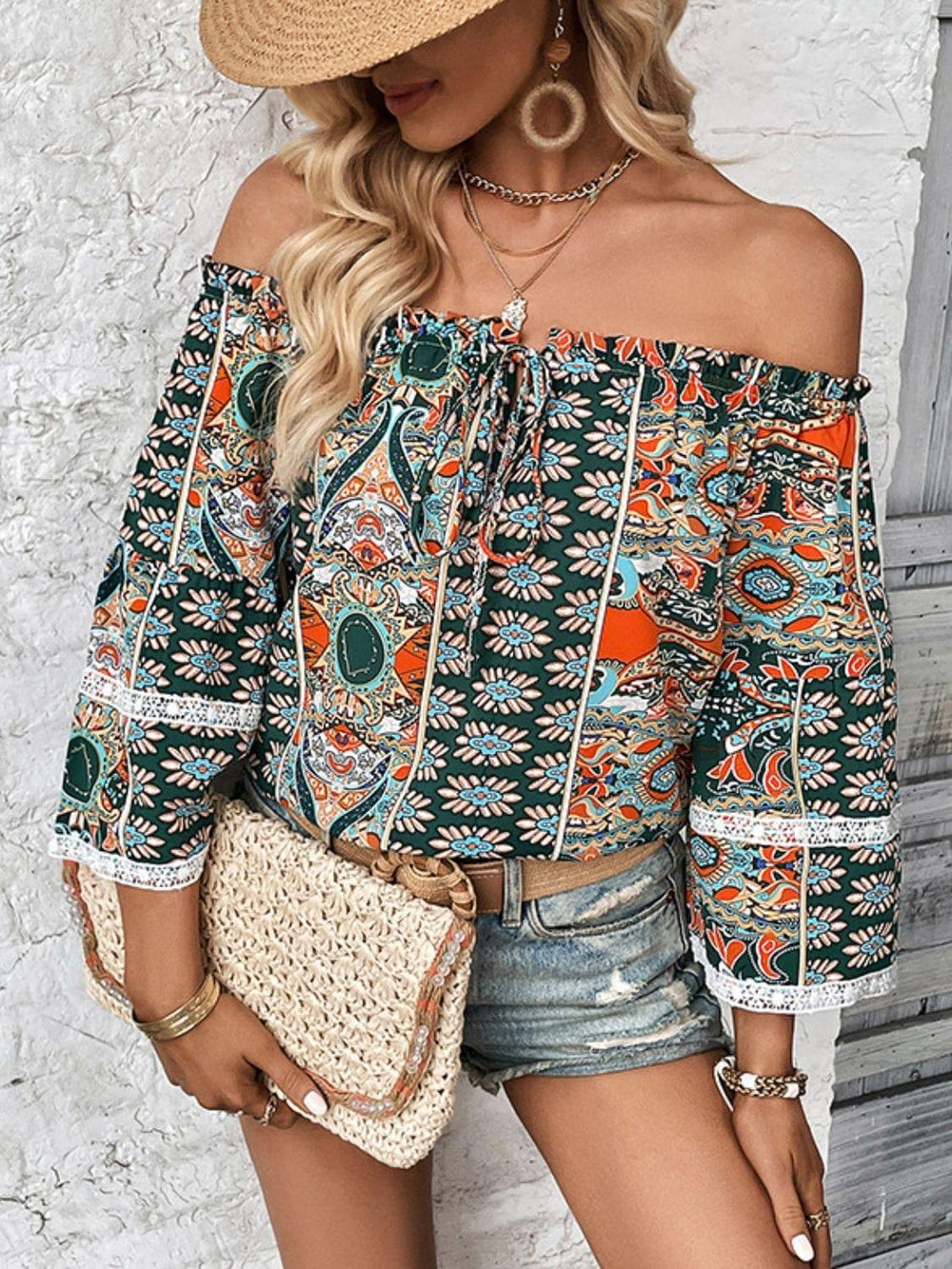 Printed Frill Trim Off-Shoulder Blouse - Trendsi