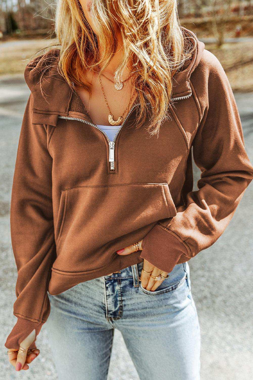 Half-Zip Thumbhole Sleeve Hoodie - Trendsi - Flyclothing LLC