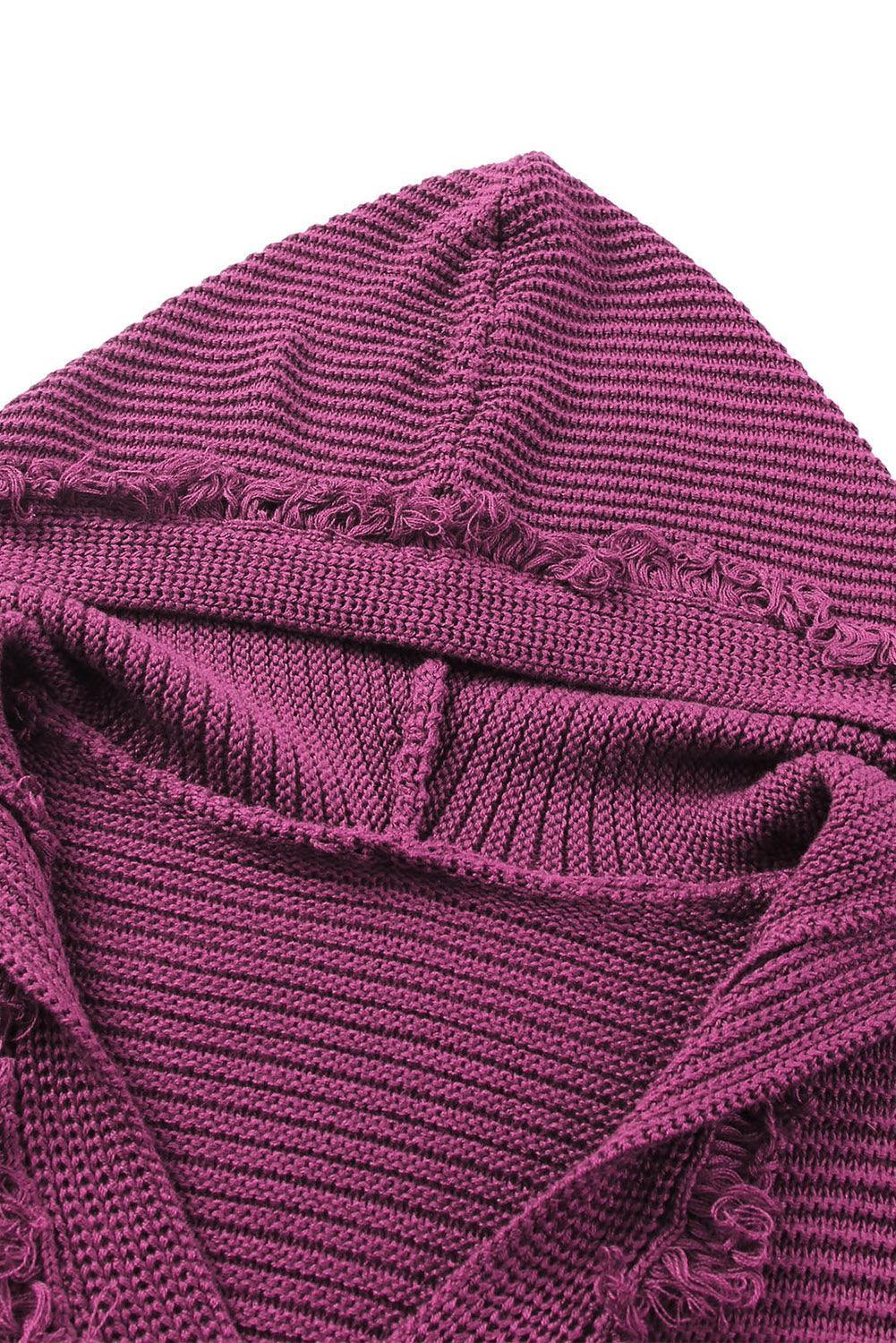 Horizontal Ribbing Fringe Trim Hooded Sweater - Trendsi