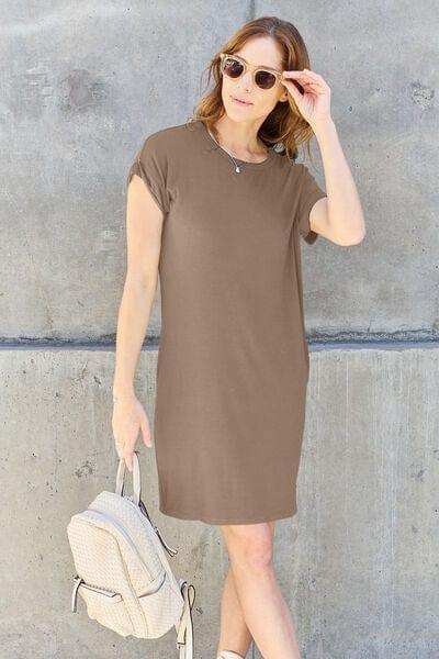 Basic Bae Full Size Round Neck Short Sleeve Dress with Pockets - Trendsi - Flyclothing LLC