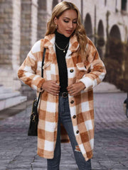 Plaid Collared Neck Button Down Coat - Trendsi