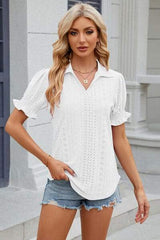 Eyelet Johnny Collar Short Sleeve Blouse - Trendsi - Flyclothing LLC