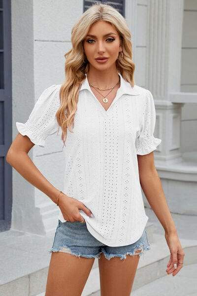 Eyelet Johnny Collar Short Sleeve Blouse - Trendsi - Flyclothing LLC